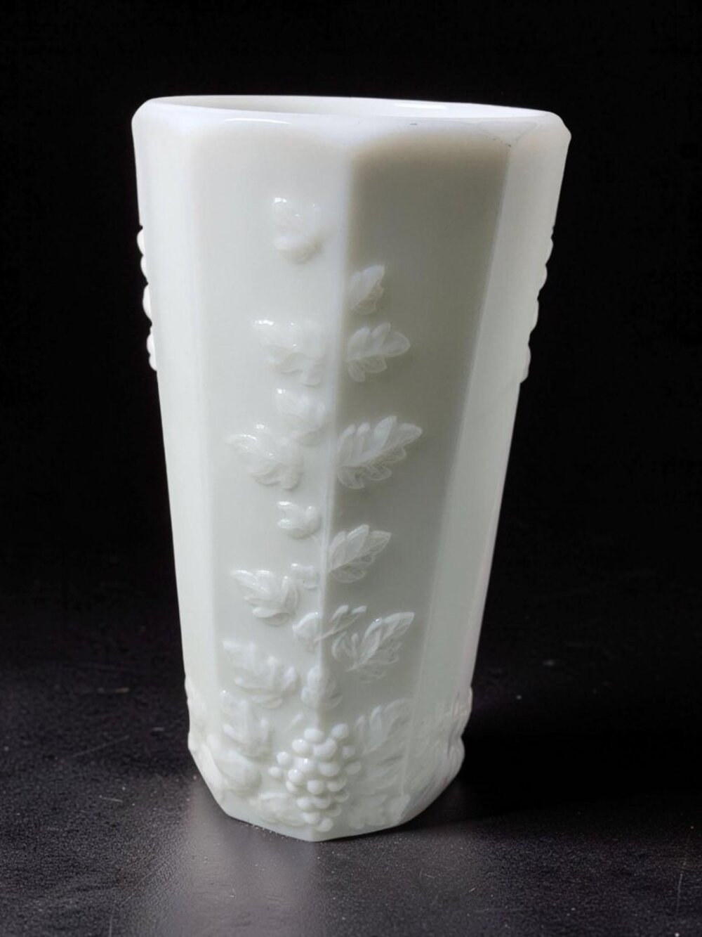vintage Westmoreland milk glass iced tea tumbler featuring the "Paneled Grape" p